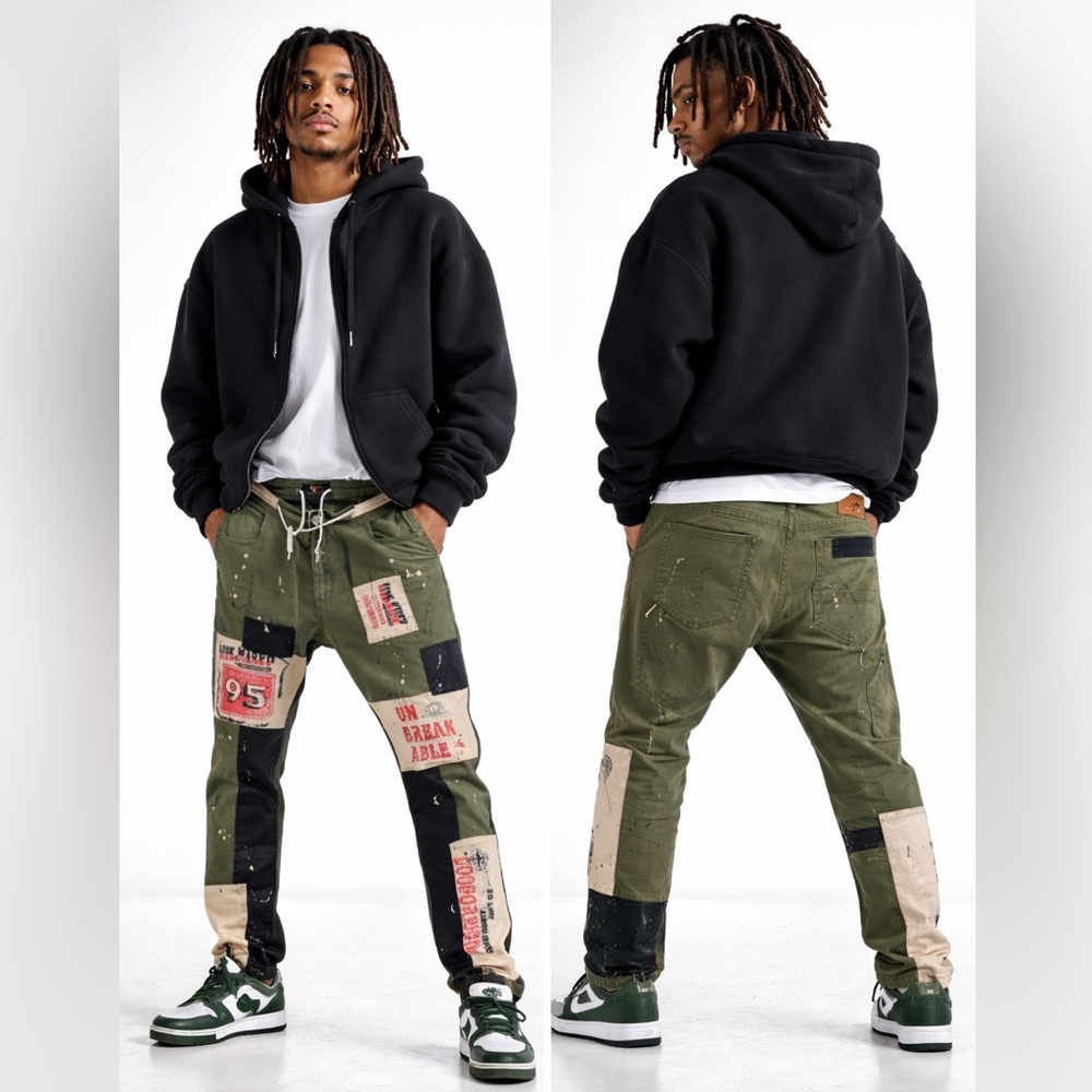 Stylish Olive Green Patchwork Men Pants